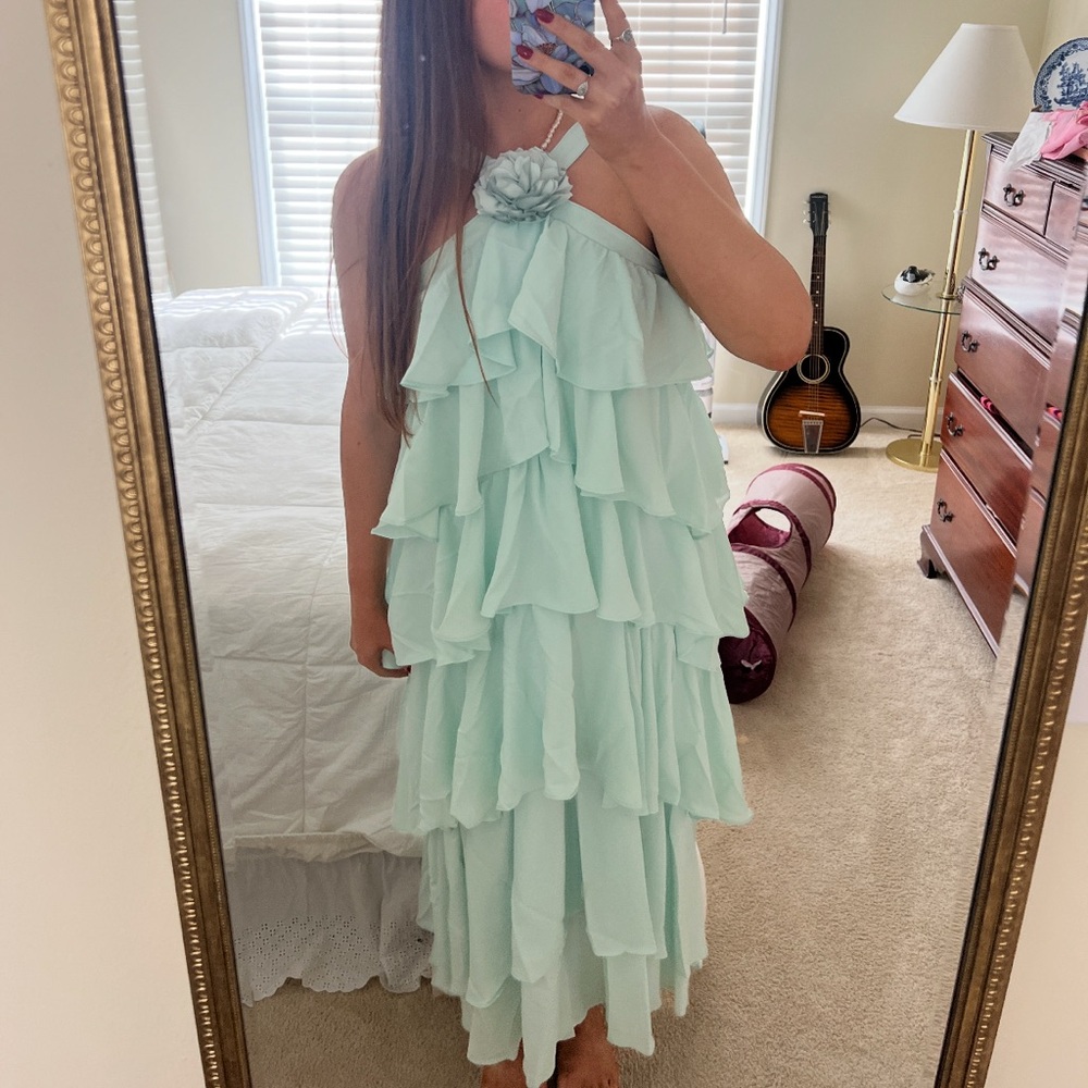 Mint Green/Blue Pastel Ruffle Gown with Flower Detail